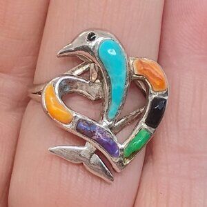 Vtg Handmade Signed BB Sterling Silver Gemstone Inlay Dolphin Heart Ring Size 7